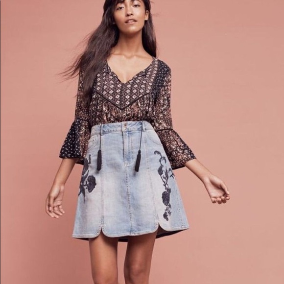 Anthropologie Dresses & Skirts - Pilcro and the Letterpress Embroidered Denim Skirt